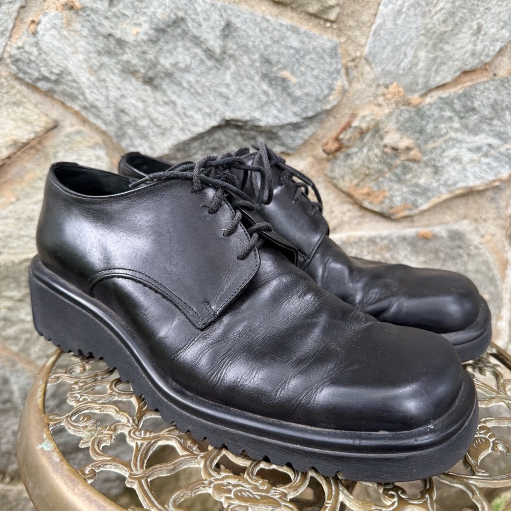 Vintage Italian Leather Box Trot Square Toe Platform Wedge Black Lace Up Shoes